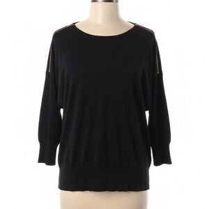 Roz & Ali Sweater Women Medium Black Gold Shoulder Zipper Batwing 3/4 Sleeve Top